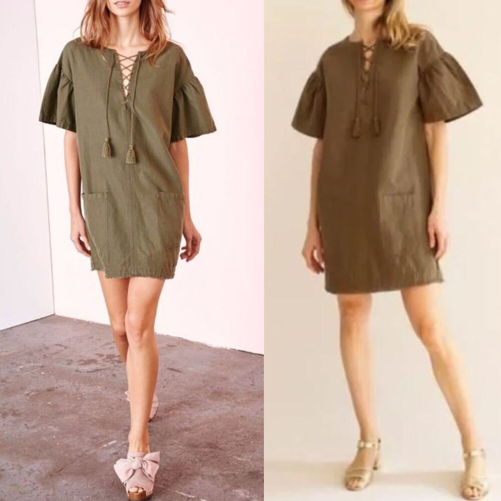 Ulla Johnson Marcelle Mini Dress US 2 Olive Green Tunic Cotton Linen Boho
